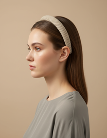 Serre-tête Fin Femme Texturé Beige — porté de profil