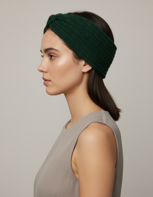 Bandeau Twist Femme Laine Polyester Vert Sapin — porté de profil