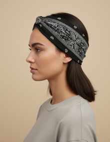 Bandeau Croisé Femme Tissu Imprimé Paisley Noir — porté de profil