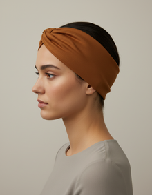 Bandeau Cheveux Torsadé Femme Jersey Camel — porté de profil