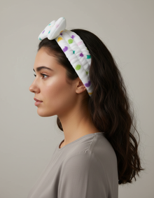 Bandeau Maquillage Nœud Femme Peluche Blanc Vert Menthe — Porté de profil