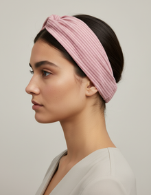Bandeau Croisé Femme Tissu Côtelé Rose Vintage — porté de profil