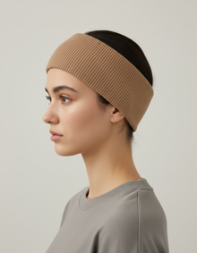 Bandeau Cheveux Côtelé Femme Tissu Beige — porté de profil