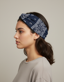 Bandeau Cheveux Bandana Torsadé Femme Tissu Bleu Marine — porté de profil