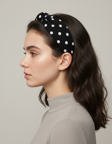 Bandeau Croisé Femme Tissu Noir à Pois Blancs — porté de profil