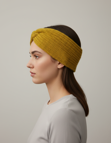 Bandeau Twist Femme Laine Polyester Jaune Moutarde — porté de profil