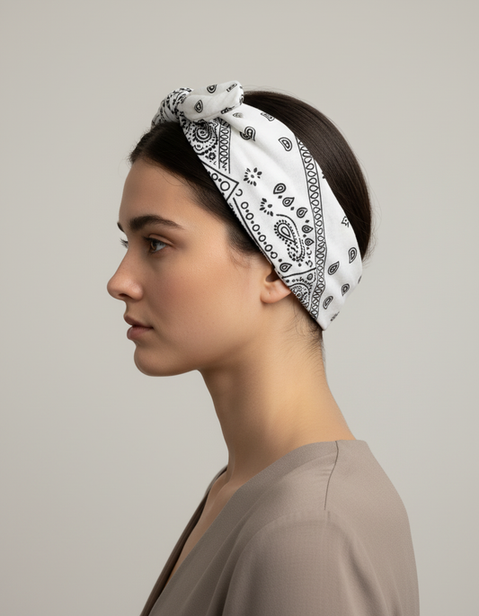 Bandeau Cheveux Bandana Femme Tissu Blanc Noir — porté de profil