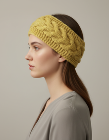 Bandeau Torsadé Femme Laine Polyester Jaune Moutarde — Porté de profil