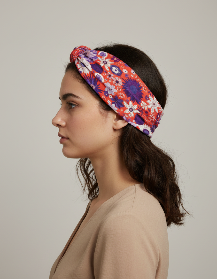 Bandeau Cheveux Fleurs Femme Tissu Rouge, Violet et Blanc