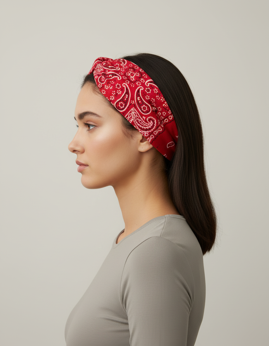 Bandeau Cheveux Bandana Torsadé Femme Tissu Rouge — porté de profil