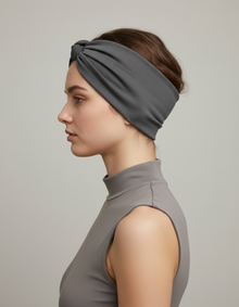 Bandeau Turban Femme Tissu Extensible Gris Anthracite — Porté de profil