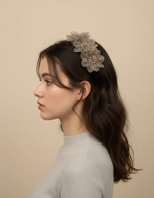 Bandeau Magique Trio Fleur Femme Organza Champagne Doré — Porté de profil