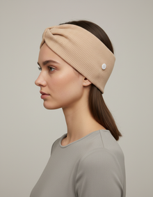 Bandeau Cheveux Torsadé Femme Tissu Beige — porté de profil