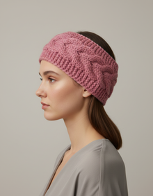 Bandeau Torsadé Femme Laine Polyester Rose — porté de profil