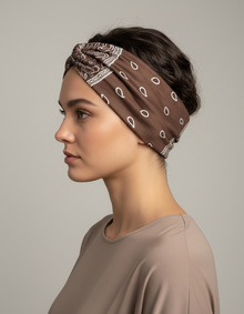 Bandeau Cheveux Bandana Femme Tissu Marron et Blanc — porté de profil