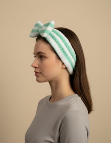 Bandeau Nœud Femme Peluche Rayé Vert Menthe et Blanc — Porté de profil