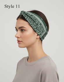 Bandeau Cheveux Bandana Femme Tissu Vert Foncé et Blanc — Porté de profil
