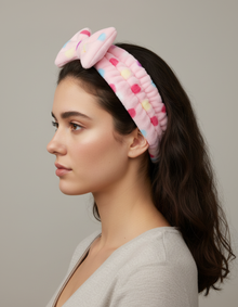 Bandeau Soin Visage Nœud Femme Peluche Rose Multicolore — Porté de profil