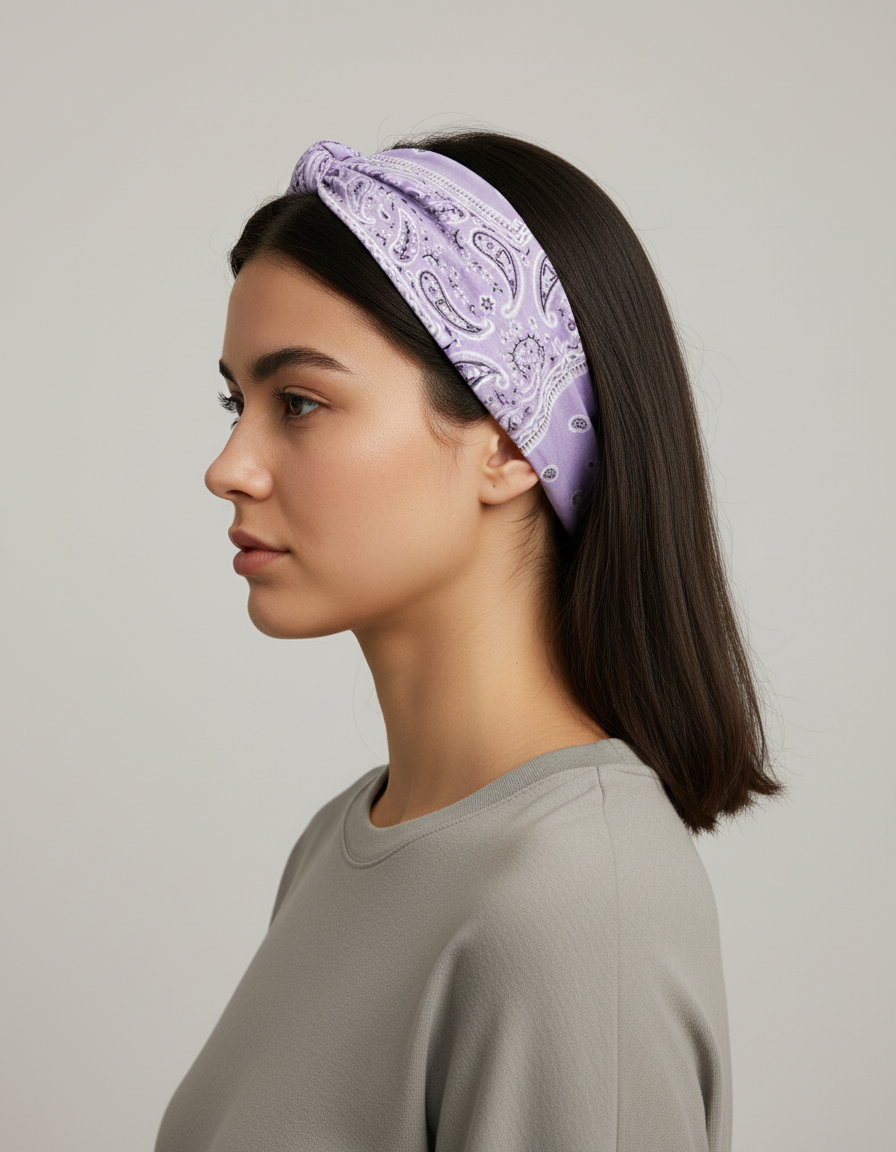 Bandeau Cheveux Bandana Femme Tissu Lavande et Blanc