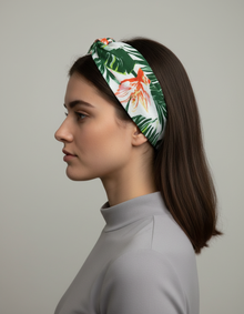 Bandeau Cheveux Tropical Femme Tissu Vert Blanc Orange — Porté de profil