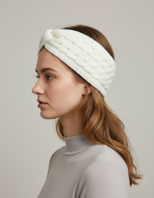 Bandeau Torsadé Femme Maille Doublure Polaire Blanc Cassé — Porté de profil