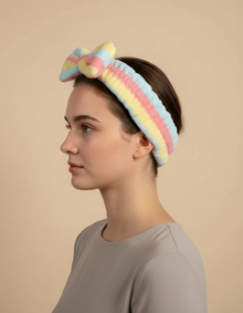Bandeau Nœud Femme Peluche Sorbet pastel — porté de profil
