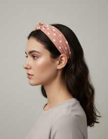 Bandeau Croisé Femme Tissu Rose Pêche à Pois Blancs — Porté de profil