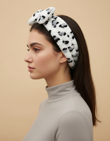 Bandeau Nœud Spa Femme Imprimé Léopard Blanc Noir Gris — Porté de profil