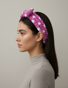 Bandeau Maquillage Nœud Femme Peluche Fuchsia Blanc — Porté de profil