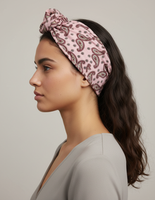 Bandeau Nœud Turban Femme Rigide Imprimé Paisley Rose Poudré — porté de profil