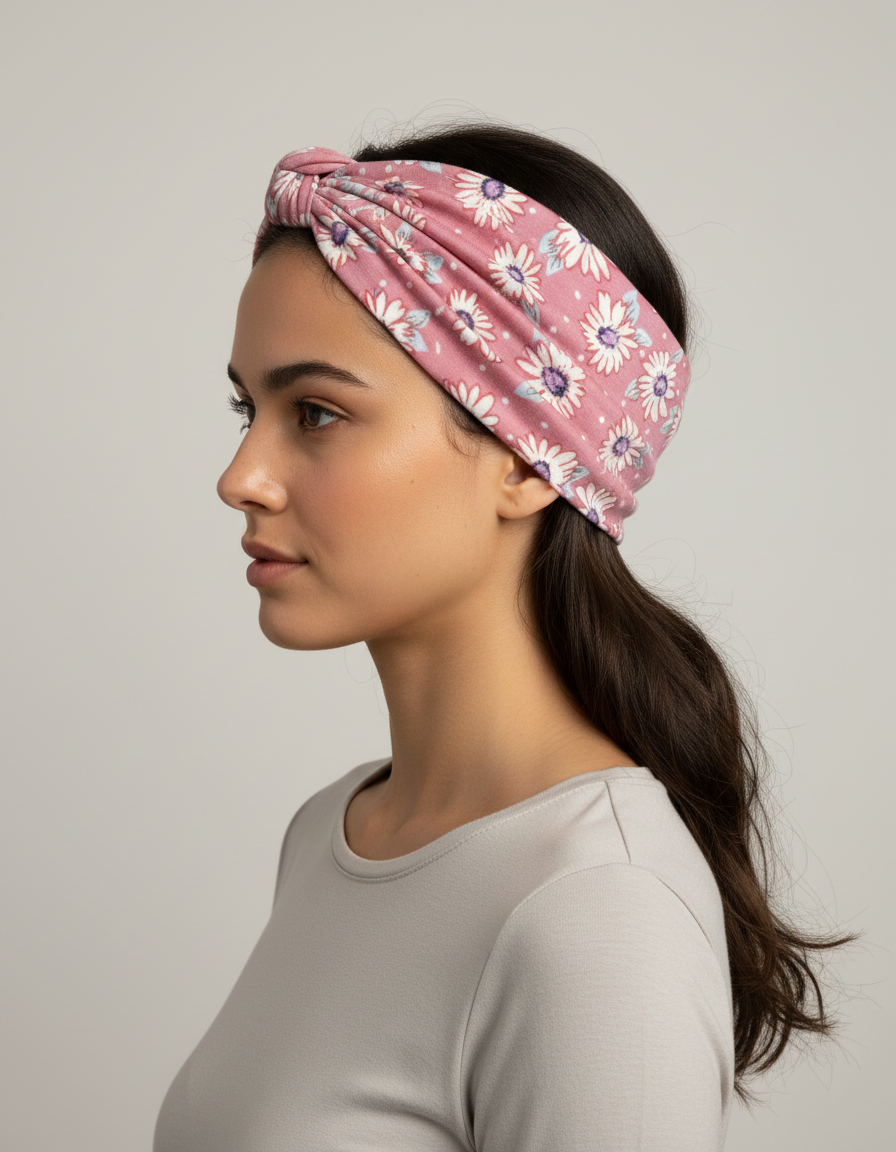 Bandeau Cheveux Fleurs Femme Tissu Rose et Blanc