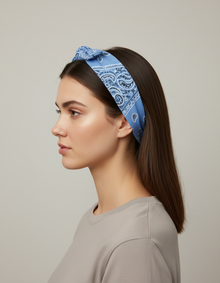 Bandeau Cheveux Bandana Femme Tissu Bleu Ciel Blanc Noir — Porté de profil