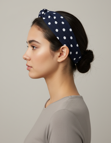 Bandeau Cheveux Torsadé Femme Tissu Fleuri Marine — porté de profil