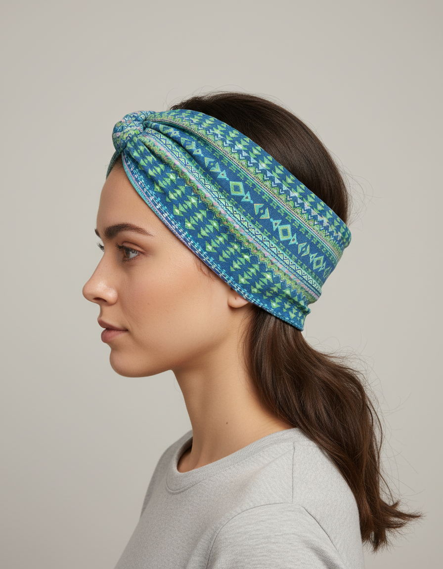 Bandeau Cheveux Ethnique Femme Tissu Bleu et Vert