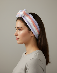 Bandeau Nœud Femme Peluche Rayé Lilas et Corail — porté de profil