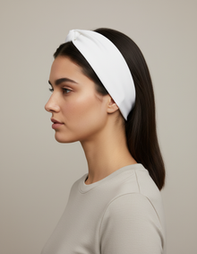 Bandeau Cheveux Torsadé Femme Jersey Blanc — porté de profil