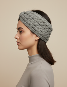 Bandeau Torsadé Femme Maille Doublure Polaire Gris Perle — Porté de profil