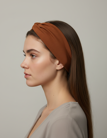 Bandeau Cheveux Sport Femme Tissu Marron — porté de profil