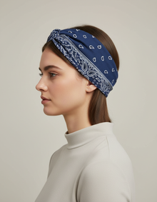 Bandeau Croisé Femme Tissu Imprimé Paisley Bleu Marine — Porté de profil