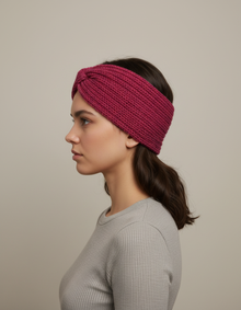 Bandeau Twist Femme Laine Polyester Rose Fuchsia — porté de profil