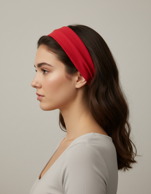Bandeau Plat Femme Tissu Mélange Coton Rouge Corail — Porté de profil