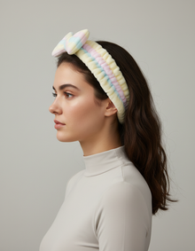 Bandeau Nœud Femme Peluche Rayé Crème Multicolore — porté de profil