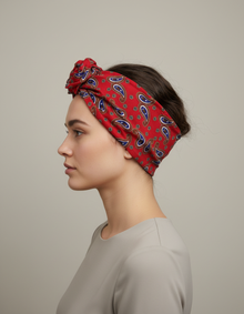 Bandeau Nœud Turban Femme Rigide Imprimé Paisley Rouge — Porté de profil