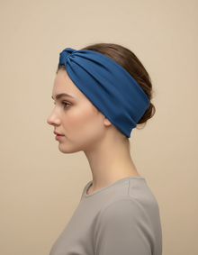 Bandeau Turban Femme Tissu Extensible Bleu Denim — porté de profil