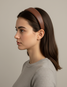 Serre-tête Classique Femme Cuir Marron — porté de profil